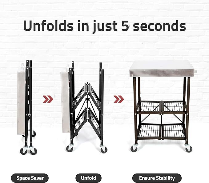 Origami Foldable Kitchen Island Cart, Rolling Storage Table Organizer with Wheels, Black