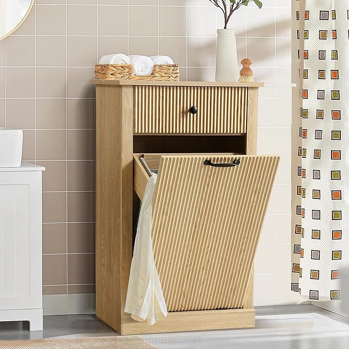 Grepatio Fluted Laundry Hamper, Tilt Out Laundry Hamper Cabinet, 11 Gallon Hidden Trash Can, Wooden Garbage Can Cabinet with Drawer, Free Standing for Bathroom, Kitchen (Natural, Single)