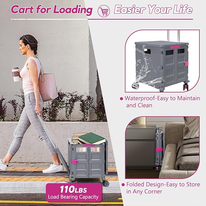 FELICON SELORSS Folding Utility Cart Rolling Crate Tote Basket Box Storage Handcart on 4 Swivel Wheels with Adjustable Handle Extended Magnetic Lid for Teacher Move Shop Travel Grocery Office(Gray)