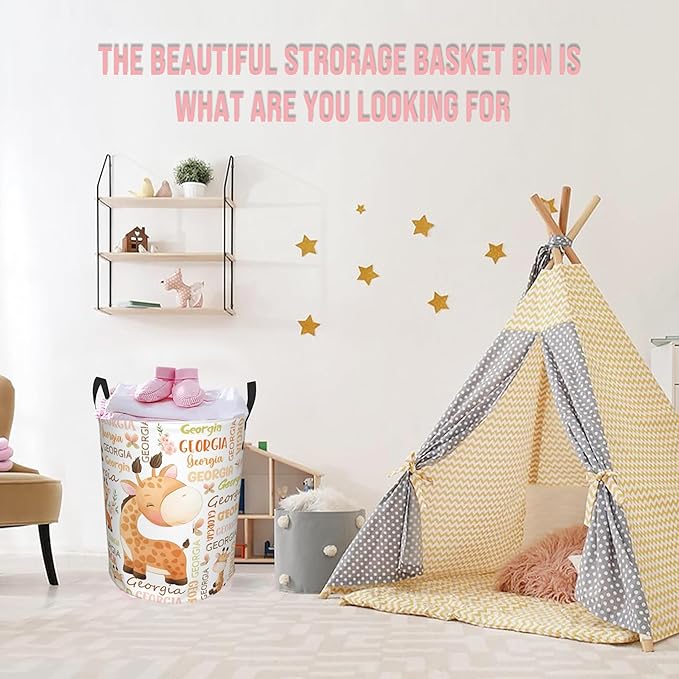 Giraffe Laundry Basket,Personalized Laundry Hamper for Boys Girls,Custom Laundry Basket With Name, Customized Dirty Clothes Hamper for Bathroom Bedrooms,S-16.5"X 13.8"
