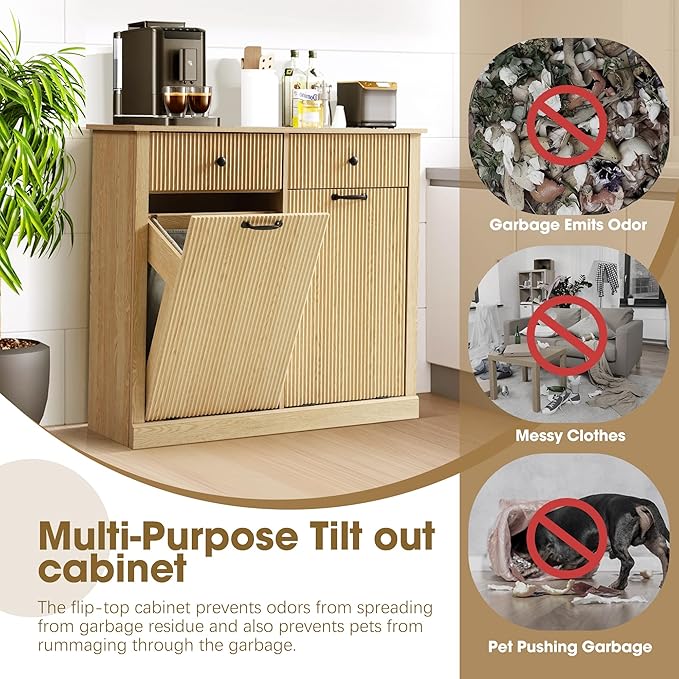 Grepatio Double Laundry Hamper, Tilt Out Laundry Hamper Cabinet, Fluted 22 Gallon Hidden Trash Can, Wooden Garbage Can Cabinet with 2 Drawer, Free Standing for Bathroom, Kitchen (Natural, Double)