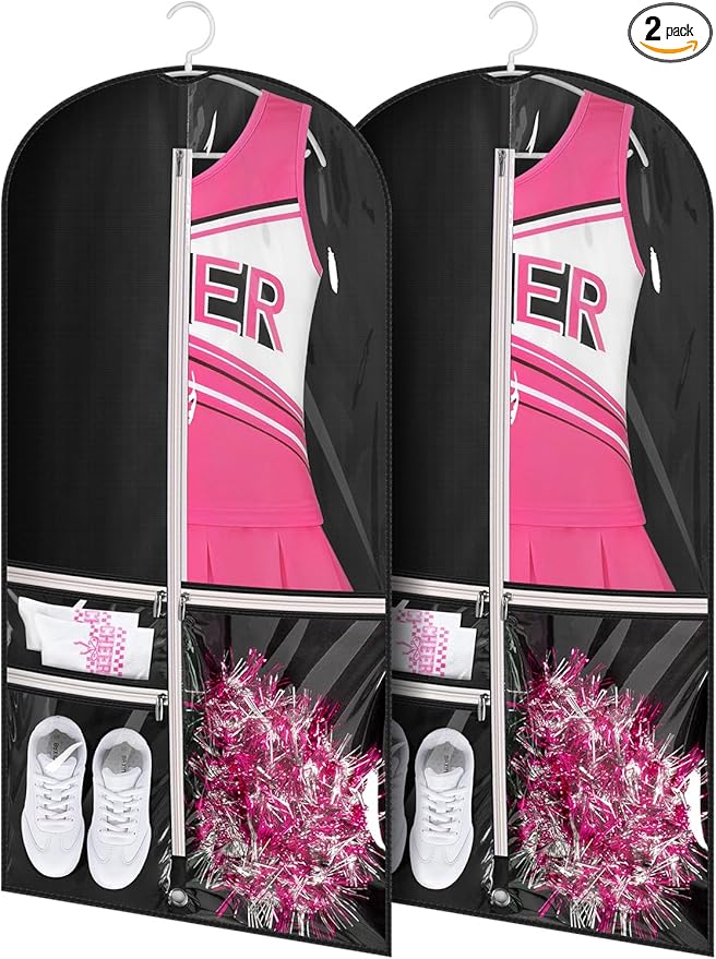 Kimbora Costume Dance Garment Bag with 3 Clear Zipper Pockets for Suits Dress Cover, Travel Storage & Competitions, Set of 2 (Black)