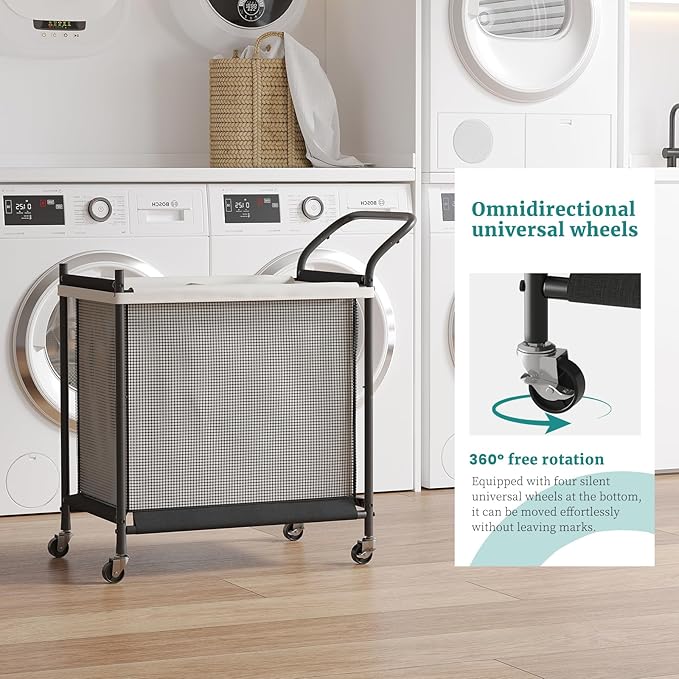 Laundry Hamper with Wheels - 2 Section Laundry Basket 120L, Removable Washable Bags, Height-Fitted Rolling Laundry Cart for Laundry Room & Bedroom