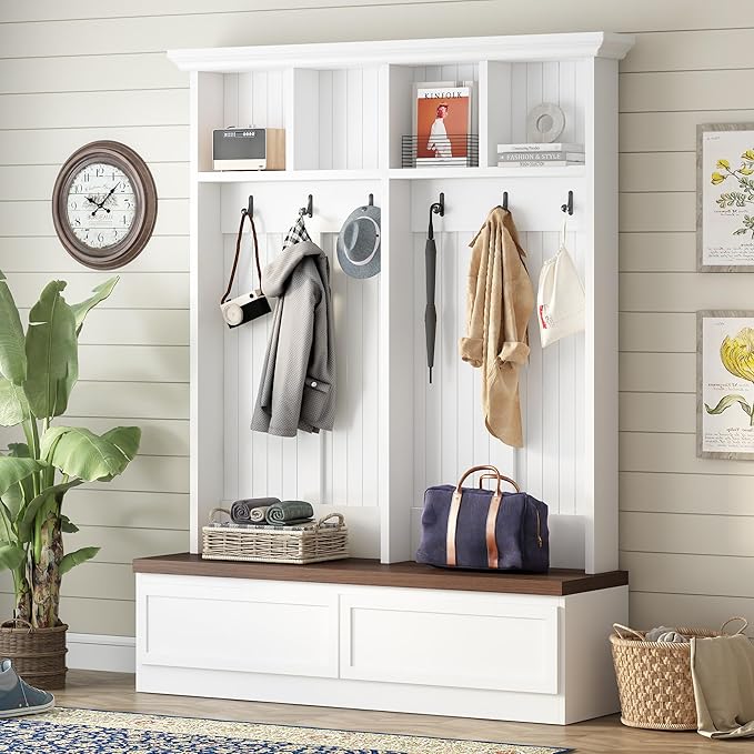 Hall Tree with Storage Bench, Farmhouse 4-in-1 Hall Tree with Wood Grain Bench, 2 Large Drawers, 6 Black Hooks, 4 Storage Compartments, Mudroom Versatile Coat Rack for Hallway, Living Room (White/156)
