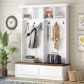 Hall Tree with Storage Bench, Farmhouse 4-in-1 Hall Tree with Wood Grain Bench, 2 Large Drawers, 6 Black Hooks, 4 Storage Compartments, Mudroom Versatile Coat Rack for Hallway, Living Room (White/156)