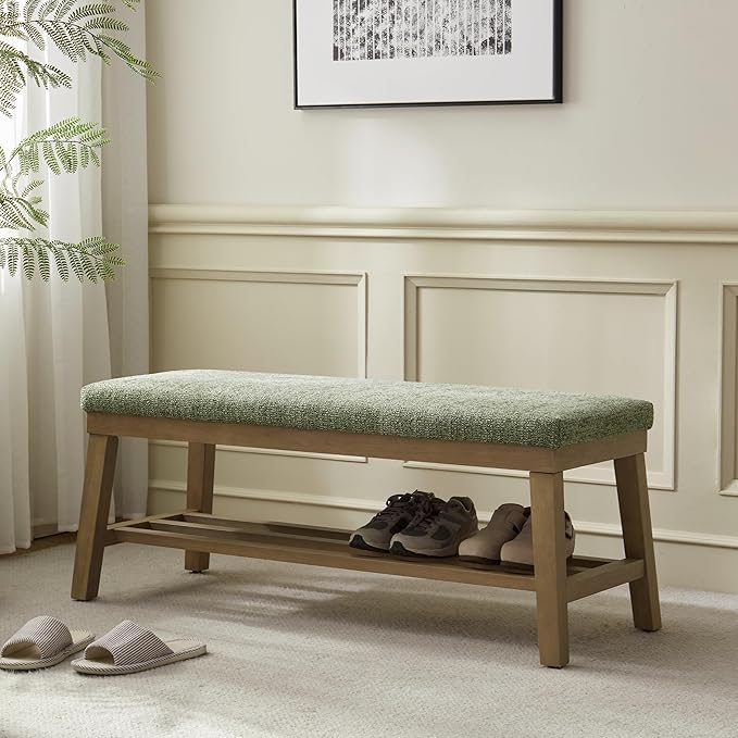 VKNOW Entryway Bench, 44.4" Upholstered Storage Shoe Bench for Entryway & Bedroom, Shoe Rack Bench with Rubberwood Legs, Modern End of Bed Bench for Living Room and Hallway, Green