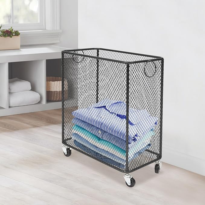 Rolling Laundry Basket Cart, Metal Laundry Hamper with Wheels, Laundry Organizer Basket Cart, Clothes Storage Organizer Hamper for Living Room,Bathroom,Closet (Black, Rectangular)