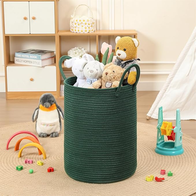 60L Large Woven Laundry Basket Hamper, 100% Natural Cotton Rope, Handwoven & Durable, Storage for Blankets, Toys, Clothes, Decorative Nursery Hamper for Living Room, Baby Room, Bedroom (Dark Green)