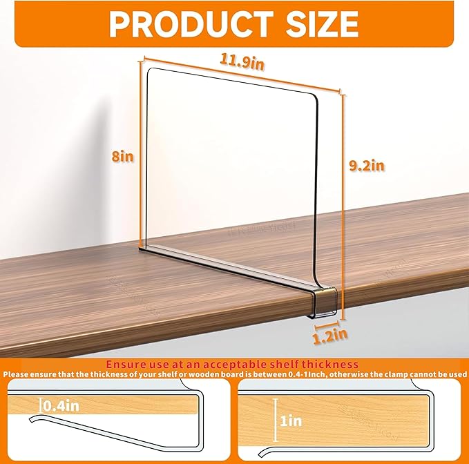 Yieach 10 Pack Clear Acrylic Shelf Divider for Closet Organization - 9.2″ Tall Closet Dividers for Wood Shelves,Cupboard,Vertical Shelf Separators in Closet for T-Shirt,Purse,Handbag,Sweater Organizer