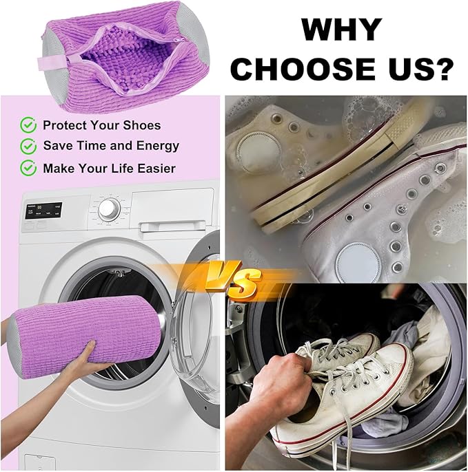 Shoe Washing Machine Bag - Shoe Laundry Bag for Washer and Dryer, Reusable 2 Pack, 360° Deep Cleaning, Self-Locking Zipper, Fits All Sneakers & Tennis Shoes - Purple