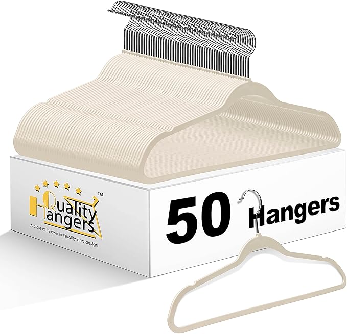 Quality Hangers Multi Pack Slim Plastic Hangers for Clothes - Sturdy Non-Velvet Pink Hangers with 360° Swivel Chrome Hook & Notches - Versatile for Coats Shirts Dresses (50, Ivory, 17.7" inch)