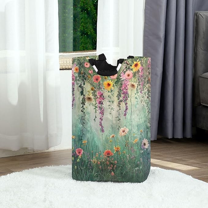 xigua Watercolor Pastel Flowers Large Laundry Hamper with Handle, Foldable Clothes Hamper Collapsible Storage Basket for Toys and Clothes Organization in Bedroom, Bathroom, and Laundry Room