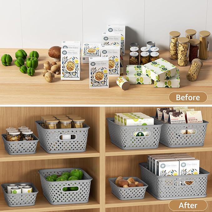 MaxGear Organization and Storage 3 Packs, Plastic Bins Organizer Bins, Woven Baskets for Storage, Plastic Baskets with Handles, Grey Basket for Organizing, Basket Organizer for Home and Office, Small