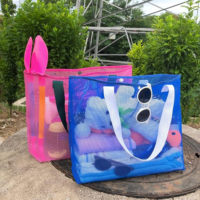 2Pack Large lightweight Simple Mesh Beach Tote Bag With snap Button Reusable Pool Bag for Outdoor Travel Shopping Gym