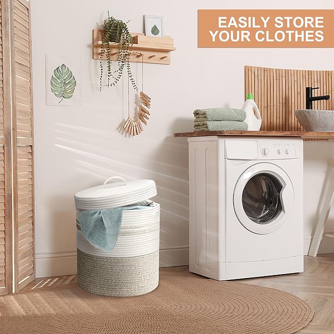 Laundry Hamper with Lid, Woven Laundry Basket，Blanket and Toy Storage Basket for Living Room, Bedroom, Bathroom, Nursery（Brown and White，40L）