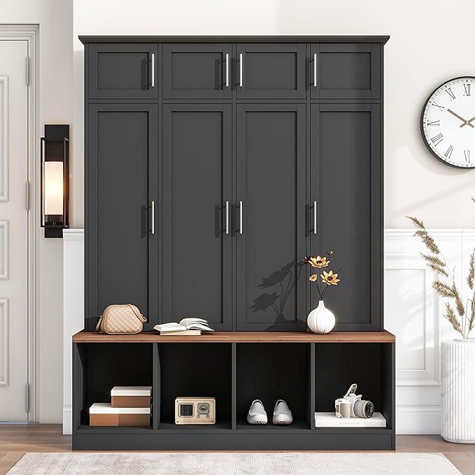 Multi-Functional Hall Tree with 4 Hidden Hanging Hooks, Brown Wood Grain Bench with Multiple Storage Space, Entryway Cabinet with Open Compartments for Living Room, Hallway (Black-15.6)