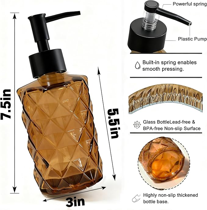 Brown Soap Dispenser, 12oz Black Pump Green Glass Soap Dispenser, Refillable Hand Liquid Dispenser Set, Lotion Dish Dispenser for Modern Home Decor, Bathroom, Kitchen Countertop(2 Pack)