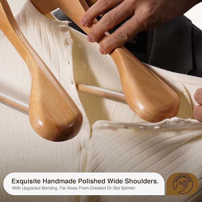 Wide Shoulder Hanger 10 Pack,Solid Wood Hanger,Heavy Duty Suit Hangers,Coat Hangers with Retotating Hooks & Non Slip Pants Bar,Smooth Clothes Hangers for Sweater, Pants, Jacket(Natural