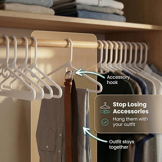 DEILSY™ White Heavy Duty Hangers with Hooks for Scarves & Belts – Thick and Strong Clothes Hangers for Shirts, Jackets, Pants, and Dresses – Space-Saving Plastic Hangers – Pack of 50
