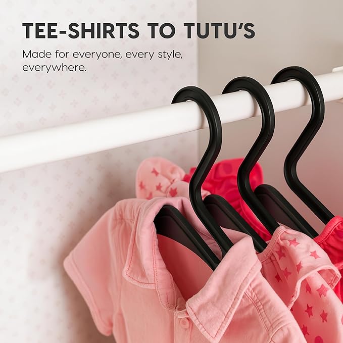 IRIS USA Extra Small Hangers 50 Pack, 11.87" W x 6.75" H, Clothes Hangers with Shoulder Grooves, S- Shaped Design, for Shirt Dress, Durable Flexible, Space Saving Laundry Room Closet Organizer, Black