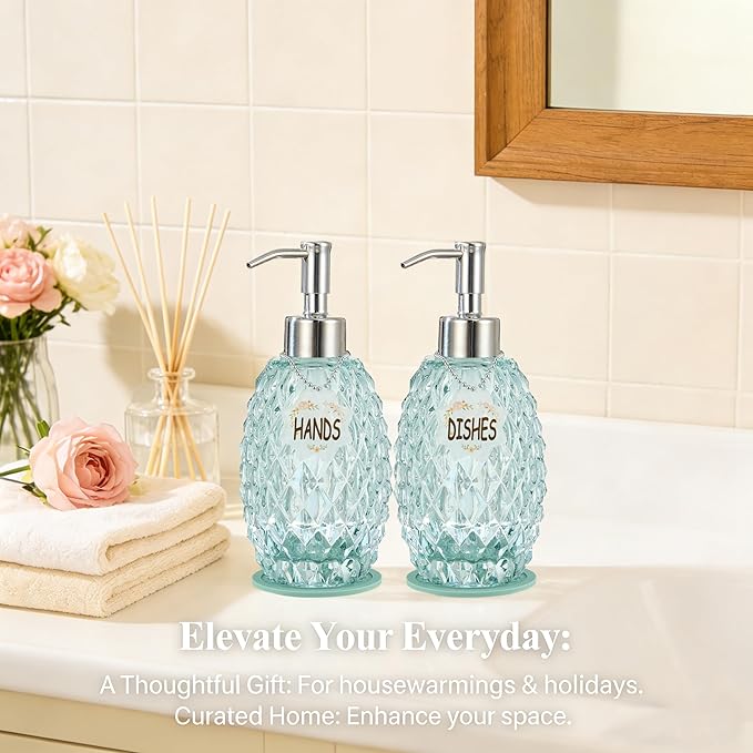 MALACHI Soap Dispenser Set, Crystal-Textured Diamond Glass with Rustproof Stainless Steel Pump, Dual-Labelled Hand & Dish Soap Dispenser for Kitchen & Bathroom