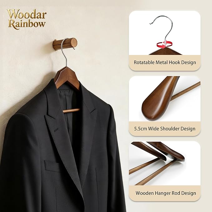 Luxury Wide Shoulder Wooden Suit Hangers with Pants Bar, Solid Wood Jacket Clothes Hangers Smooth Finish for Sweater Dress Pants Sport Coats (Dark Brown, 6 Pack)
