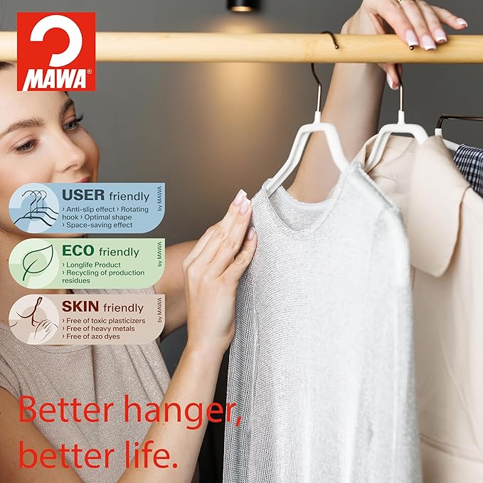 Mawa by Reston Lloyd Silhouette Series Non Slip Saving Clothing Hanger for Shirts and Dresses, Style 41/F,Set of 140, White