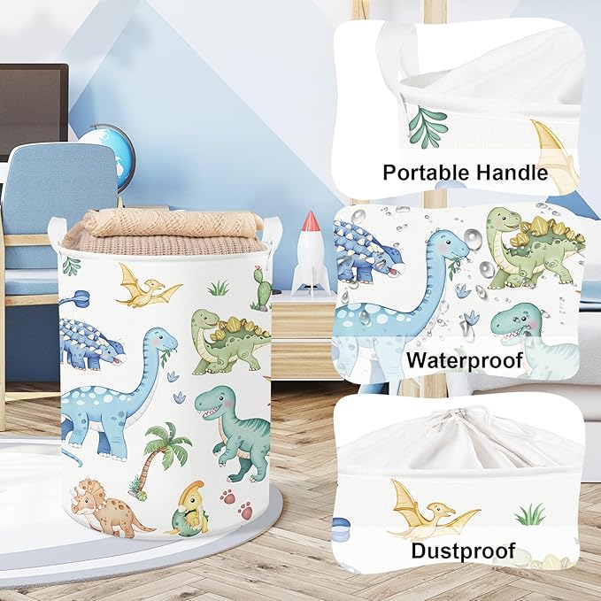 Clastyle Boho Dinosaur Laundry Basket Palm Tree Kids Clothes Book Storage Basket Gift Toy Box for Bedroom Decor,Pterosaur,36x45 cm