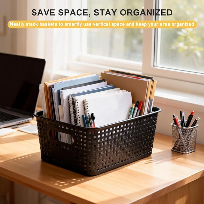 AREYZIN Plastic Storage Bins with Lid,Stackable Storage Bins and Storage Baskets for Shelves,Small Baskets for Organizing, Small Storage Bins,10.2x7.2x4.1 Inch,6-Pack, Black
