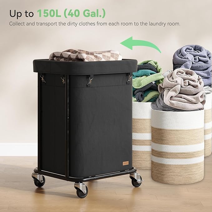 Laundry Basket with Wheels 150L/40Gal, Rolling Laundry Hamper with Steel Fram and Removable Washing Bag,Laundry Sorter Cart for Laundry Room,Hotel,Dorm,Black