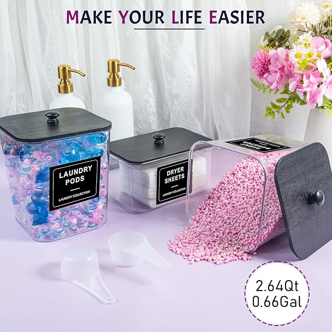 5 Pack Laundry Pods Container, Clear Laundry Room Organization Containers,Large Laundry Detergent Powder Storage Containers Black Wooden Lids & Labels, Acrylic Dryer Sheet Holder Decor