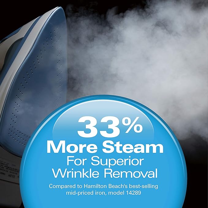 Hamilton Beach Steam Iron & Vertical Steamer for Clothes with Scratch-Resistant Soleplate, Adjustable Steam Settings + 8’ Cord Wrap, 3-Way Auto Shutoff, Anti-Drip, Self-Cleaning, 1500 Watts, Blue