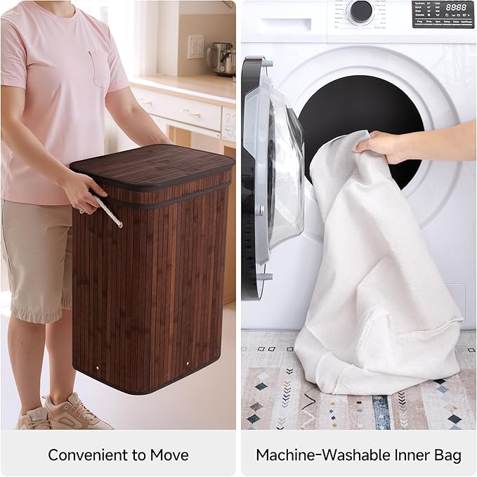 StorageWorks Laundry Hamper with Lid, Foldable Bamboo Laundry Basket, Clothes Hamper with Handles, Organizer and Storage for Laundry Room, Bedroom, Dorm, Brown
