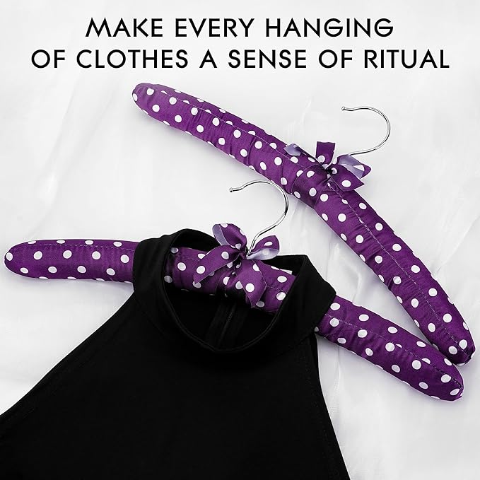 Women's Satin Padded Hangers - 15" Foam-Filled Wooden Clothes Hangers with No Shoulder Bumps, Bow Accent, for Sweaters, Blouses, Dresses - 5 Pack (Purple Polka Dot)
