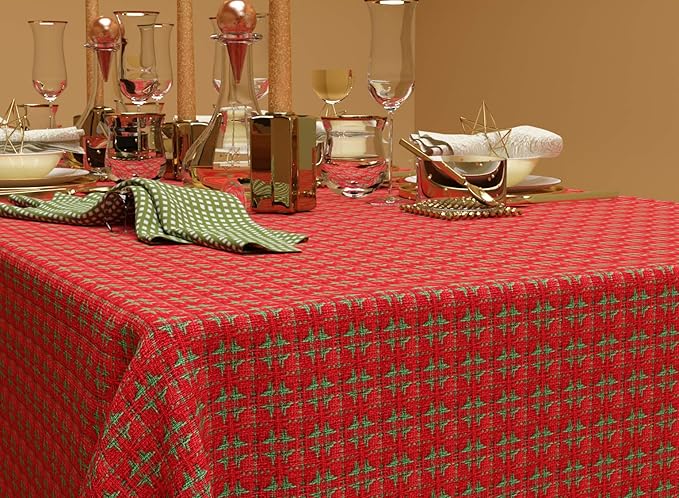 Table Cloth, Christmas Red & Green Woven Fringed, 100% Cotton Table Cover, Size 52x70 Inch, Suitable for Formal Dining, and Casual Occasions.