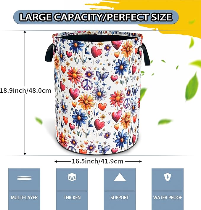 Peace Flowers Laundry Basket Hippie Floral Foldable Waterproof Oxford Cloth Funny Tote Bag Laundry Hamper Clothes Storage Bucket Toy Organizer For Bathroom/Laundry Storage/Bedroom 18.9x16.5 Inch
