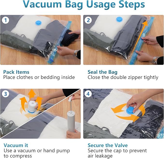 18 Pack Vacuum Storage Bags，Space Saver Bags(4 Jumbo/4 Large/4 Medium/3 Small/3 Roll),Compression for Comforters and Blankets, Sealer Clothes Storage, Hand Pump Included