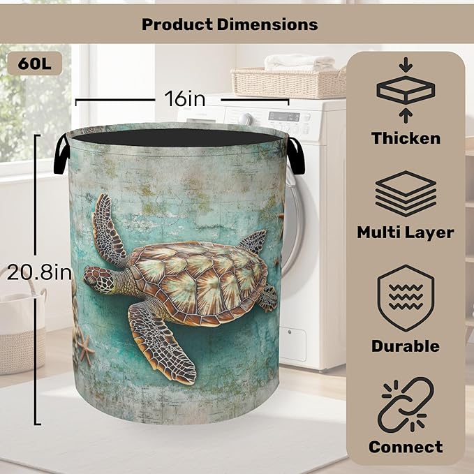 Retro Map Turtle Large Clothes Hamper Bag - Laundry Basket with Handles, Space Saving Foldable Design for Nursery