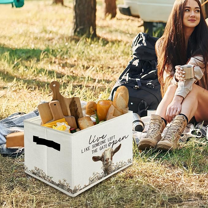 Rustic Goat Storage Bins & Boxes with Handles, Farmhouse Goat Foldable Basket for Organizing, Live Like Someone Left the Gate Open Collapsible Storage Basket for Bedroom Bathroom Clothes Toys
