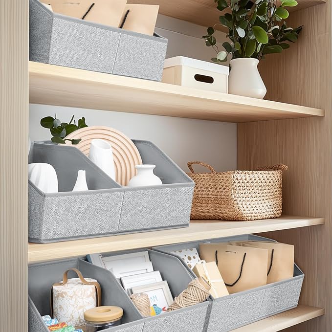Closet Organizers and Storage Bins - 6 Pack Collapsible Divided Trapezoidal Cube Storage Bins Baskets with Orange Handle for Organizing Clothes Blankets, Toys, Books, Towels(Ant Gray)