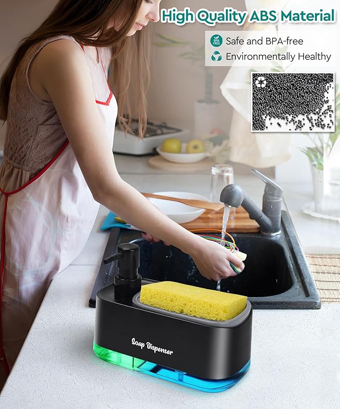 Kitchen Dish Soap Dispenser Set，Dish and Hand Soap Dispenser with Sponge Holder, 3-in-1 Countertop Sponge Dual Soap Pump Dispenser for Kitchen Sink - Black