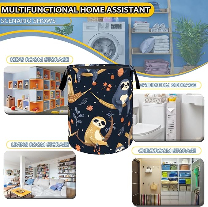 Cute Sloth Laundry Basket,Dirty Clothes Hamper,Animal Hammock and Starry Night Forest Storage Bin Gifts,Waterproof Oxford Cloth Baskets for Bathroom,Bedroom,Home Decoration(19.7" x 15.8")