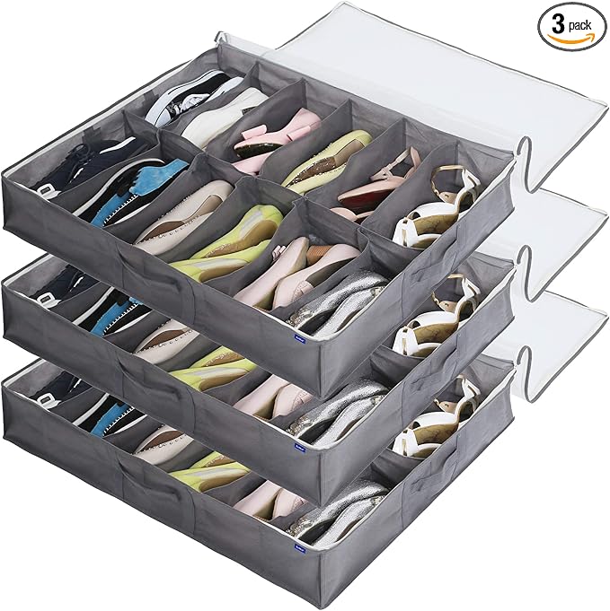 Surblue Under Bed Shoe Organizer Storage Bag with Transparent Skylight and Zippered,36 Pairs,Grey,3 PCS