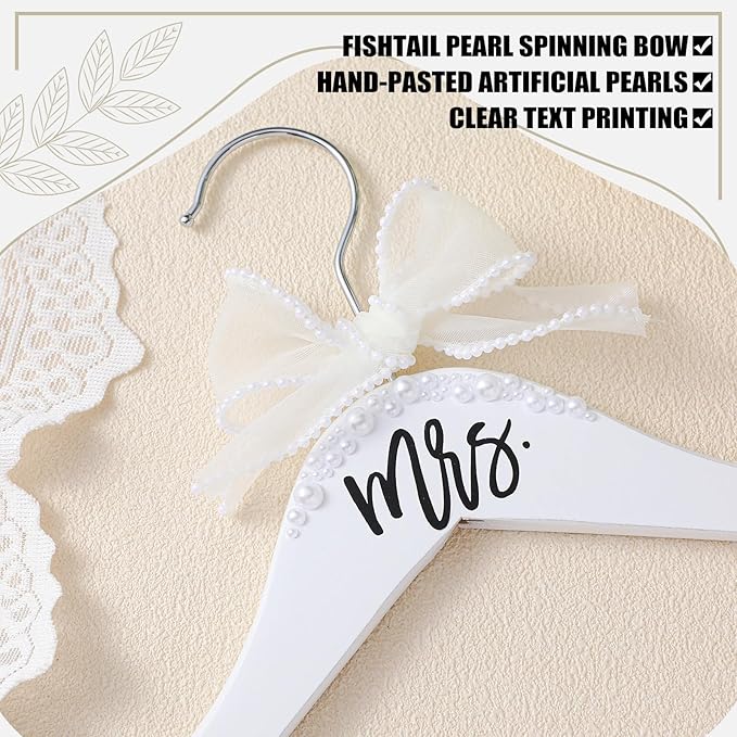 Bride Wedding Dress Pearl Mrs. Hanger with Pearl Ribbon Bow Elegant Wooden Dress Hanger to Be Ideal Keepsake for Wedding Day Gift(White,Mrs)