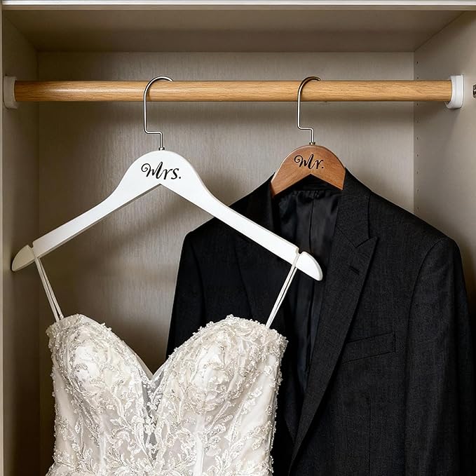 Mr. and Mrs. Wooden Bride Hanger, Wedding Dress Hangers, Set of 2 (White + Vintage)