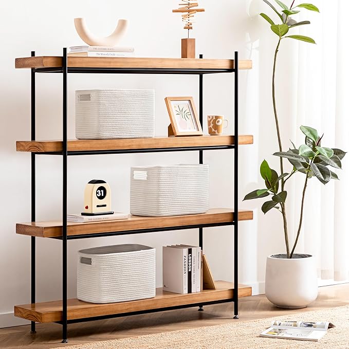 UBBCARE 4 Pack Storage Baskets for Organizing, Shelf Baskets with Handles, Woven Storage Baskets for Bookcase/Cube Shelf/Closet, 14.5"L x 9.8"W x 9"H, White