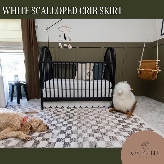 White Scalloped Crib Skirt Ruffle (Front/Two Sides) Adjustable Linen Cotton Blend, Neutral Baby Bedding for Boys and Girls, Elegant Nursery Decor Skirt
