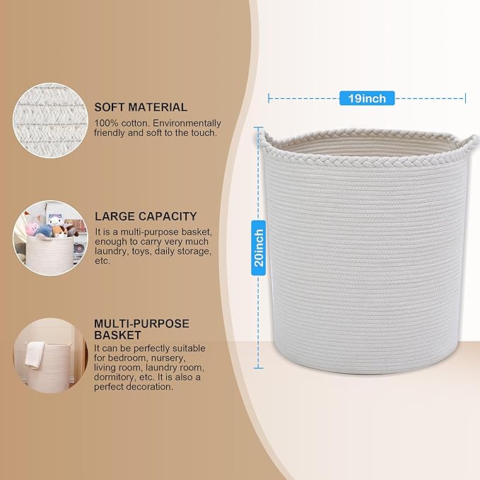 90L Oversize Woven Laundry Basket,Cotton Tall Laundry Hamper for Blankets,Clothes,Pillows,Toys,Shoes Large Laundry Bin White