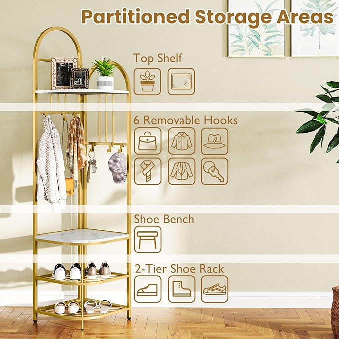 Tangkula Corner Hall Tree, 71 Inch Tall Entryway Coat Rack with Shoe Bench & 4 Storage Shelves, 6 Movable Hooks, Freestanding Metal Corner Clothes Rack for Bedroom Hallway Living Room