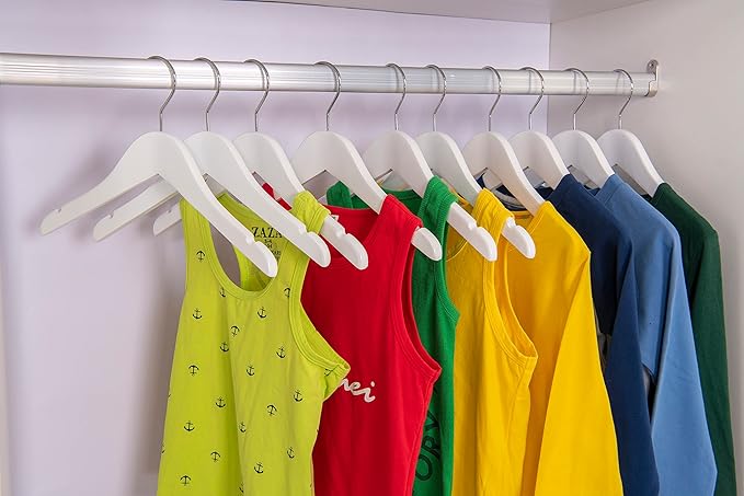 Quality 12 Inch White Kids Wooden Hangers - Children Hangers with Multifunctional Notches & 360 Degree Swivel Chrome Hook - Kid Coat Hangers for Clothes Size 8 and Smaller (White, 20)